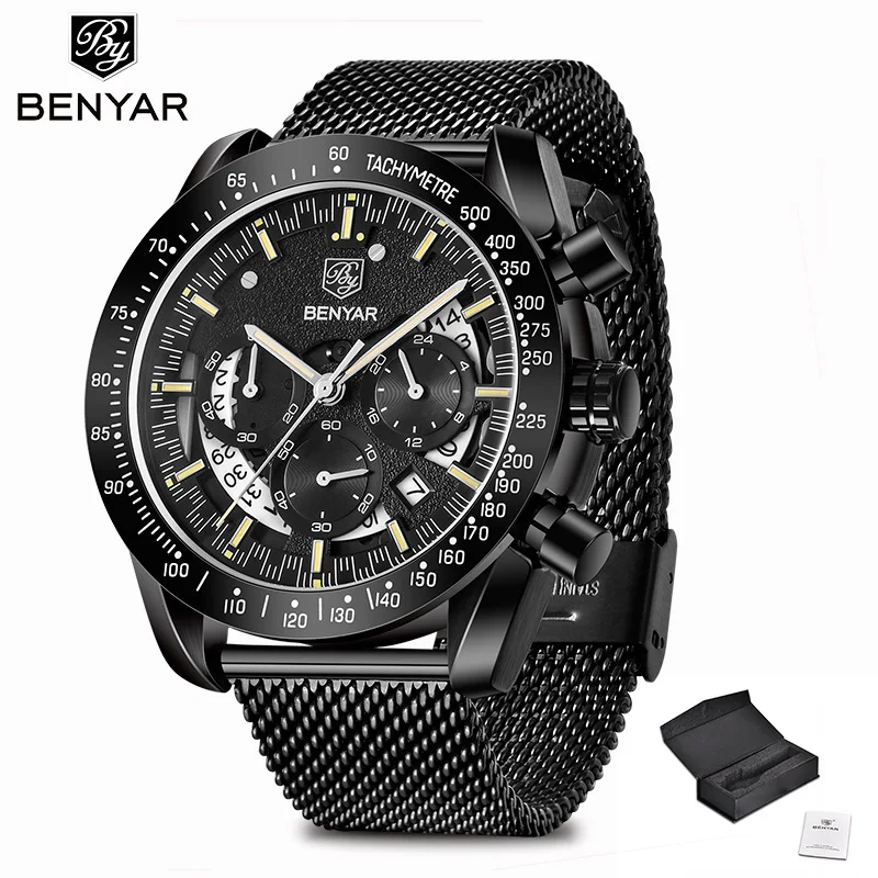 Black Yellow Новинка, мужские часы BENYAR, повседневные, с сетчатым ремешком, модные наручные часы для мужчин, s, Роскошные, кварцевые, с хронографом, водонепроницаемые часы, Relogio Masculino - Цвет: Black Yellow