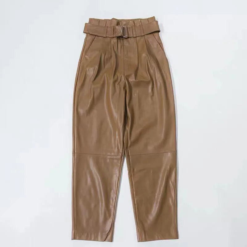 

Women's PU Pants With Belt Harem Pant Armygreen Trousers Female High Waist Pant Loose Vintage Mujer Pantalones Faux Leather Pant