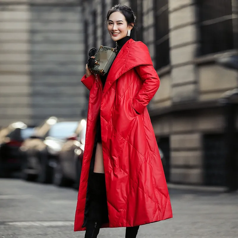 Женский длинный пуховик из натуральной овечьей кожи элегантная приталенная