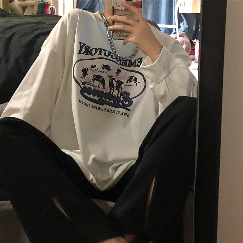 

2021 Spring Vintage Women Sweatshirt Printed Harajuku Style Gray White Female Pullovers