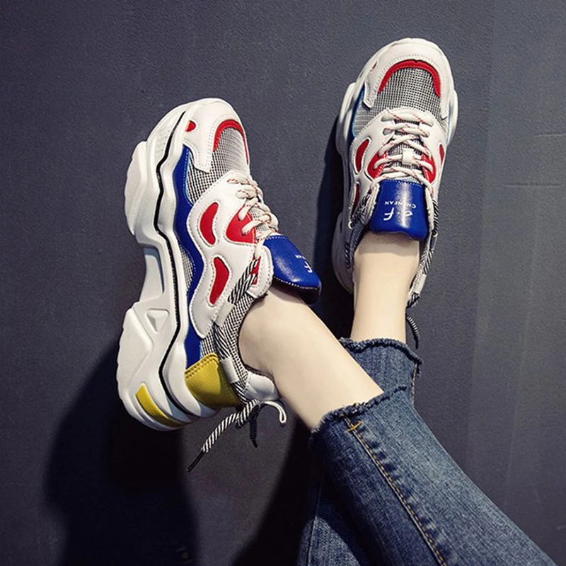 

Women Platform Chunky Sneakers 5cm high lace-up Casual Vulcanize Shoes luxury Designer Old Dad female fashion Sneakers 2019