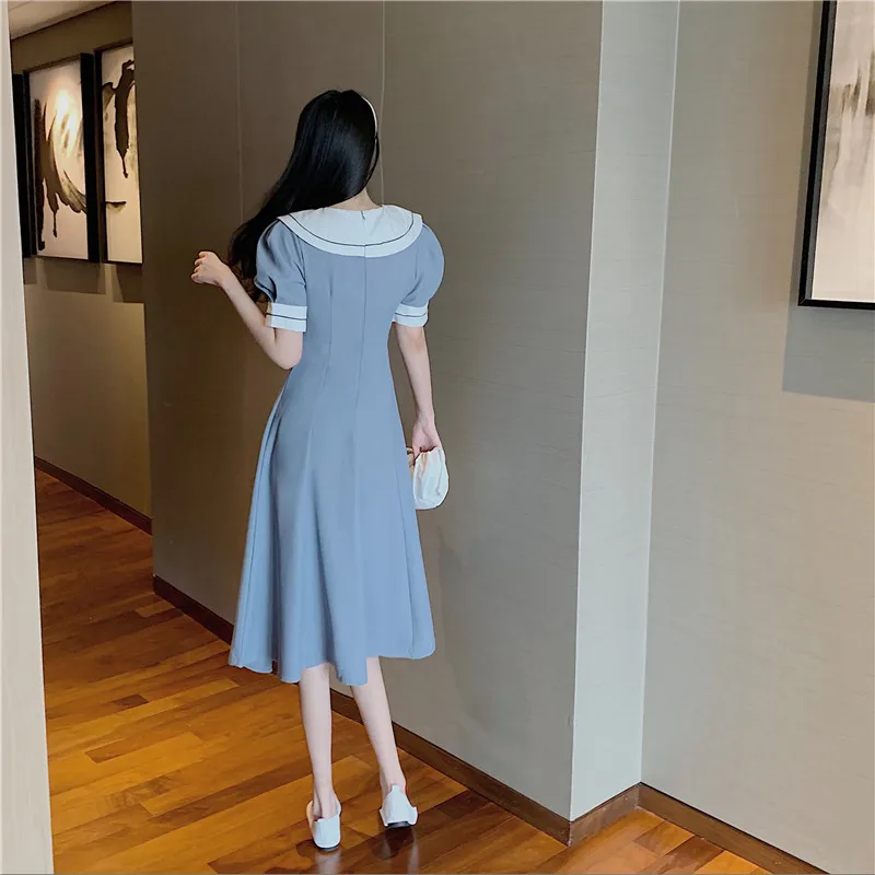 

KUSAHIKI Sweet Peter Pan Collar Women Dress Korean Puff Short Sleeve Vestido 2021 Spring Summer Slim Waist A-line Dresses 6F297