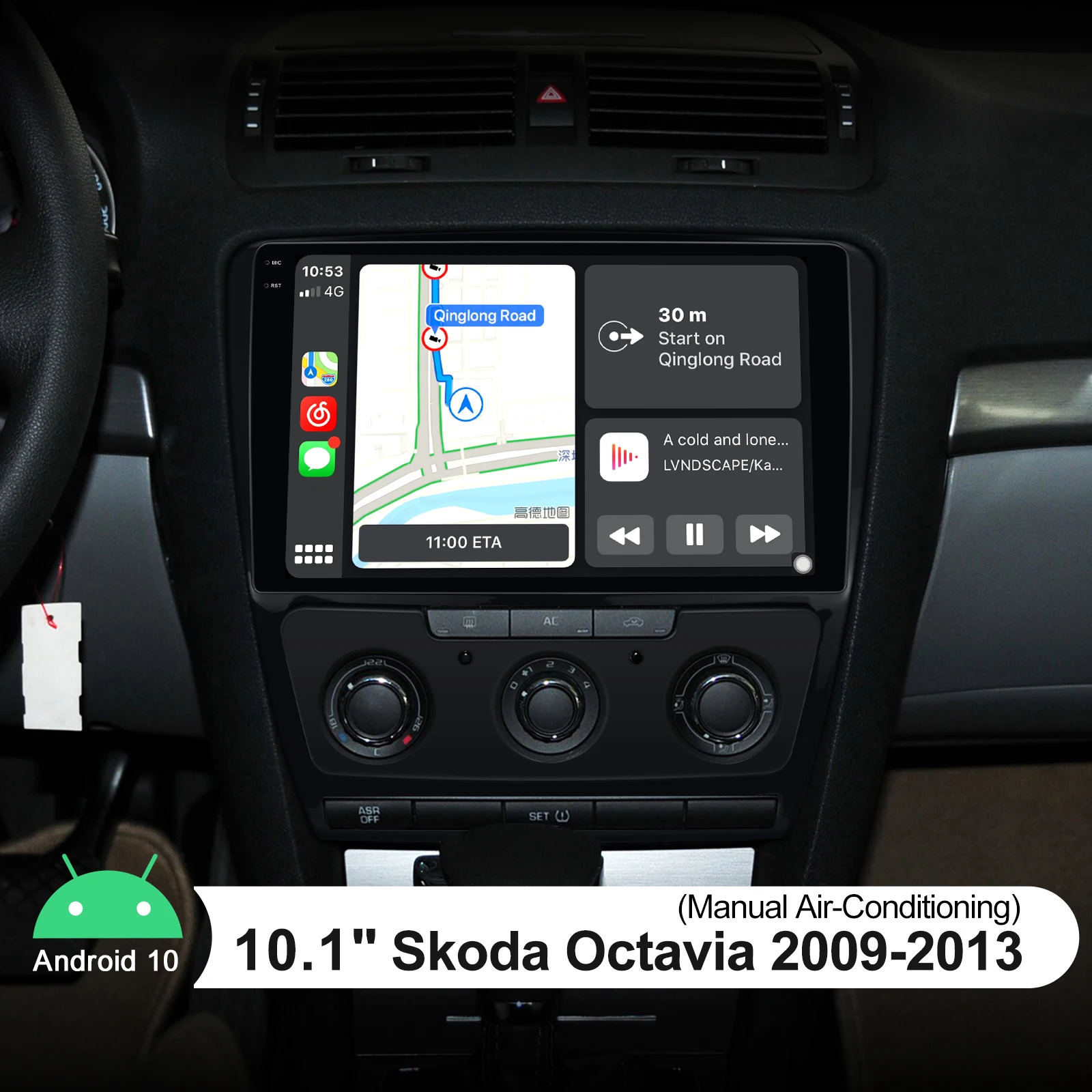 구매 10.1 인치 라디오 1 딘 안드로이드 10 차량용 멀티미디어 플레이어 무선 카플레이, 2009-2013 스코다 옥타비아 차량용 음악 시스템, 블루투스 포함