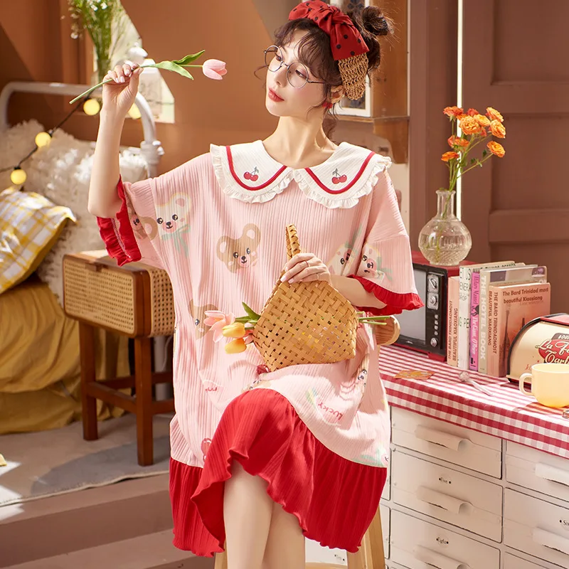 

Ночные рубашки женские летние корейские милые ночные рубашки с коротким рукавом для девочек до колена ночная рубашка мягкая розовая кавайн...
