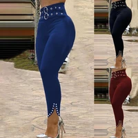 women pants solid color hip lift stretchy rivet slit hem belt skinny trousers leggings for work womens jeans high waist
