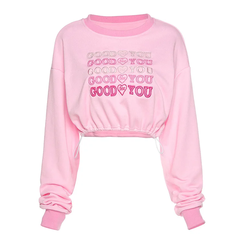 

2021 Women Sweet Pink Letter Embroidery Tops Fashion Long Sleeve Female Fall Stylish All-Match Drawstring Crop Top for Ladies