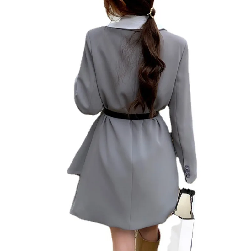 

DEAT 2021 New Women Fashion Slim Fit Gray Notched Long Sleeve Patchwork Asymmetrical High Waist Dress Summer Autumn 7E1318