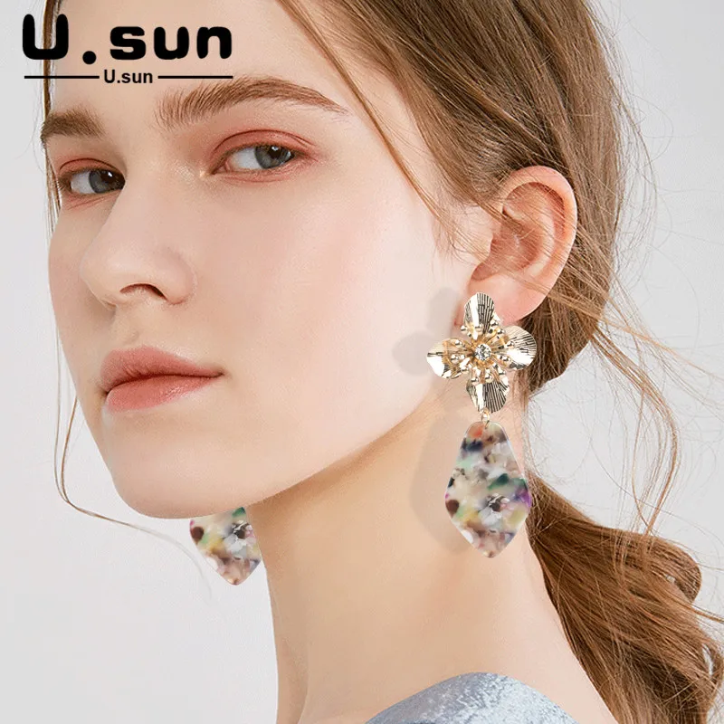 

Trendy Metal Flower Acrylic Resin Pendant Fashion Drop Earrings for Women Geometric Multicolor Long Earring Ladies Charm Jewelry