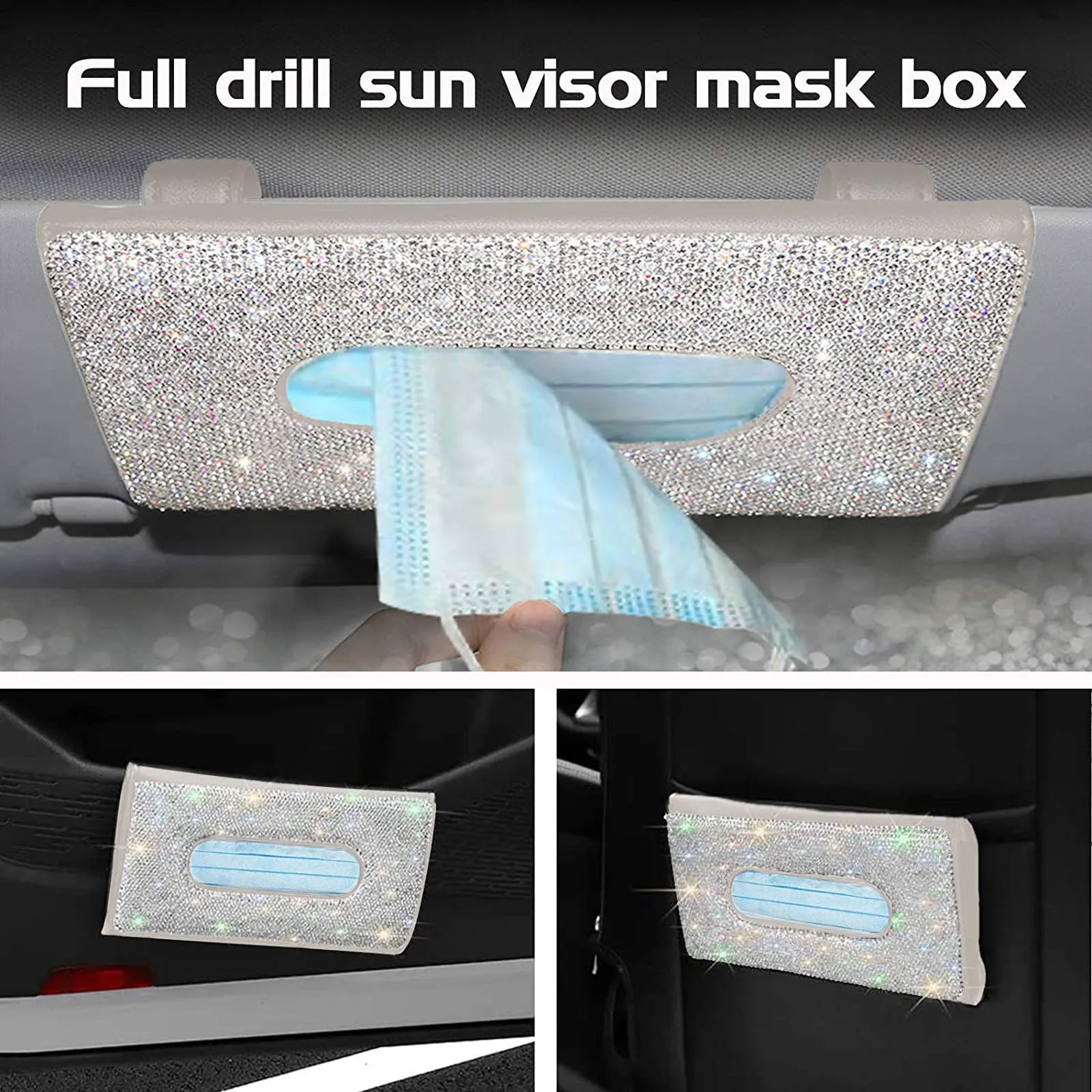 

Disposable Mask Case Container Visor Mask Holder Box Diamond Encrusted For Car Efillable With Up To (20) 3-ply Organizer
