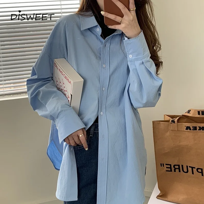 

Однотонная рубашка с отложным воротником, Женская Корейская однобортная Свободная рубашка с длинным рукавом, женский топ с карманами в сту...