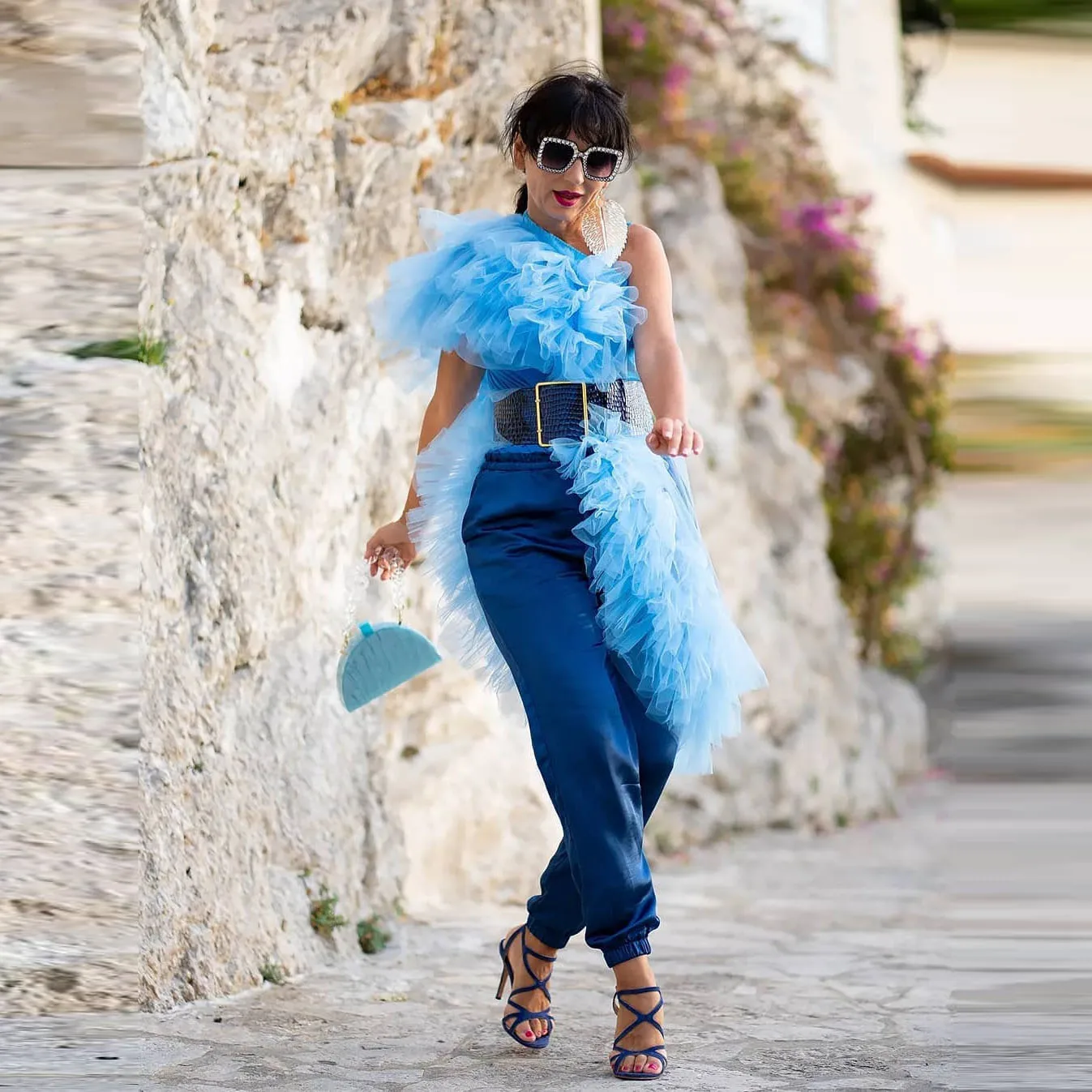 Sky Blue Ruffles Irregular Tulle Tops Long Shirt Women Female Tops One Shoulder Mesh Tulle Blouse Outfit Without Sash