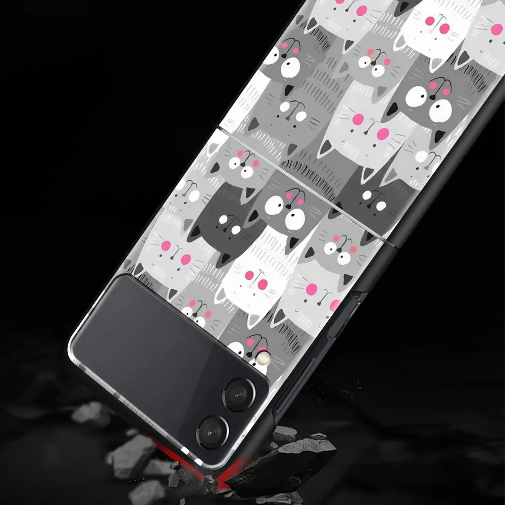 Phone Case For Samsung Galaxy Z Flip 3 5G Black Hard Cover ZFlip 3 Luxury Shockproof Bumper Cases Fundas Happy Cat Day! Shell