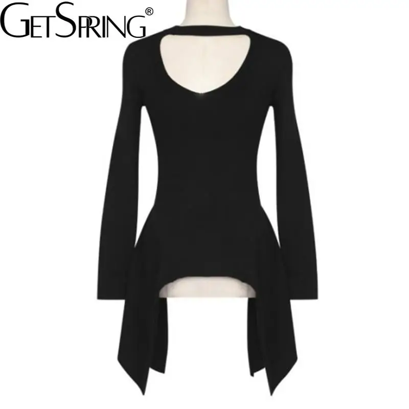 

GetSpring Women T Shirt Irregular Hem Two Wears Tshirt Full Sleeve Ladies Tshirts Fashion Loose Casual Long Tops Autumn 2021 New