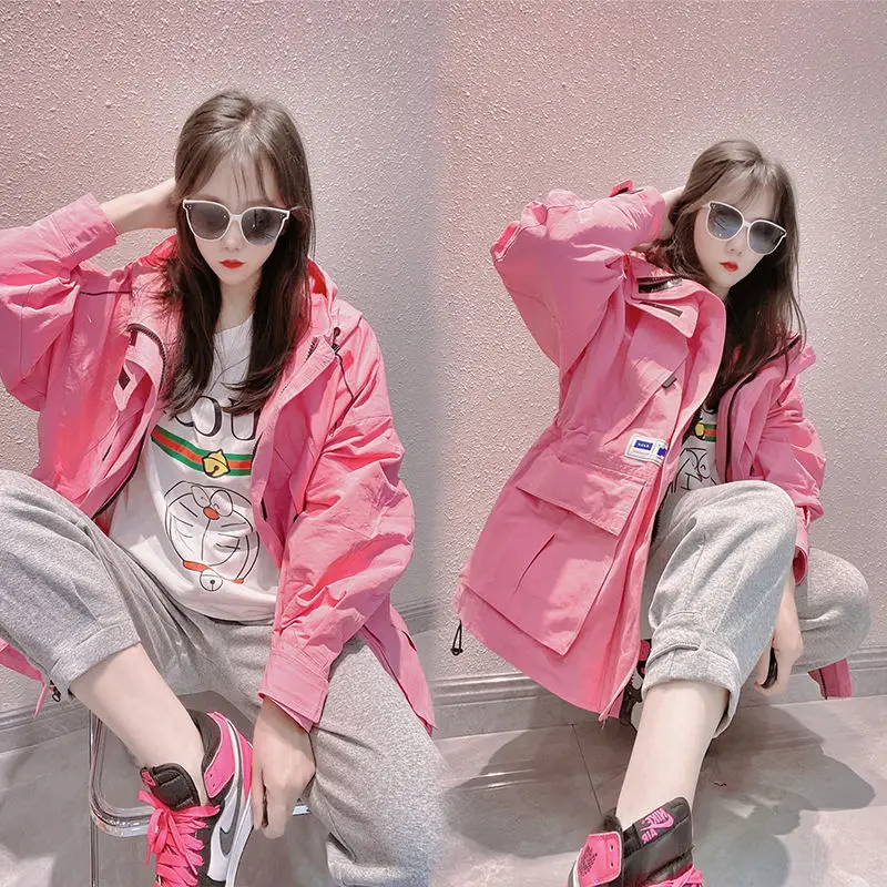 

2021 new candy color waist zipper hooded windbreaker mid-length jacket women loose jacket trend
