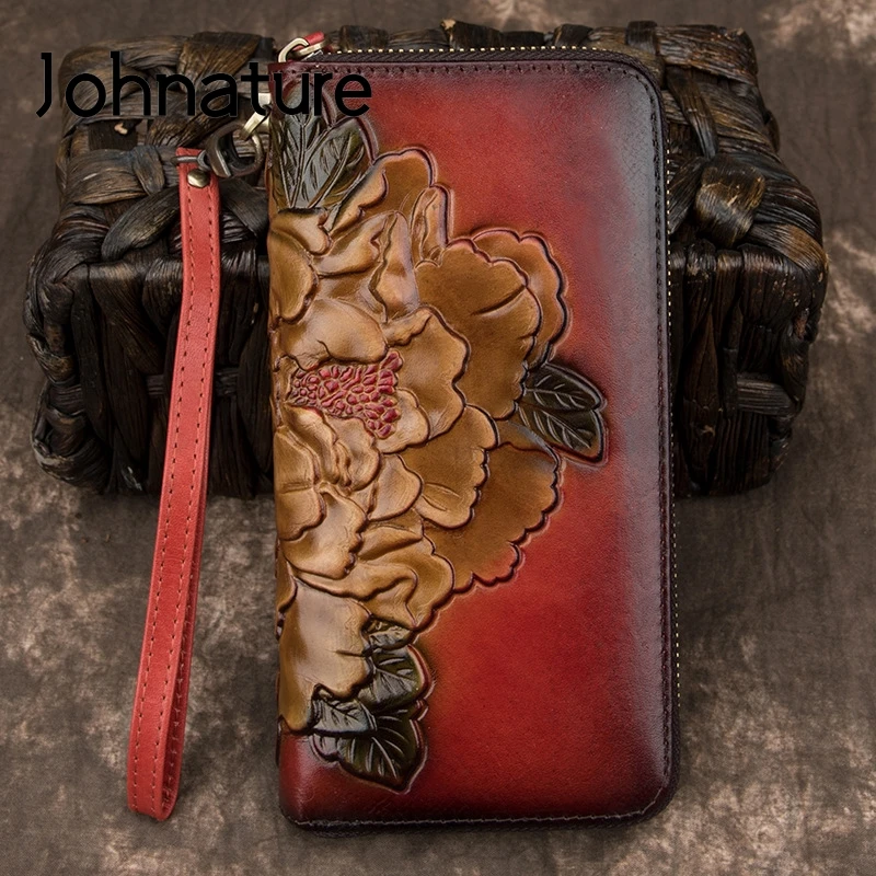 

Johnature Genuine Leather Luxury Wallet Retro 2021 New Women Wallet Card Holder Phone Purse Hand Wallet Cowhide Clutch Wallets
