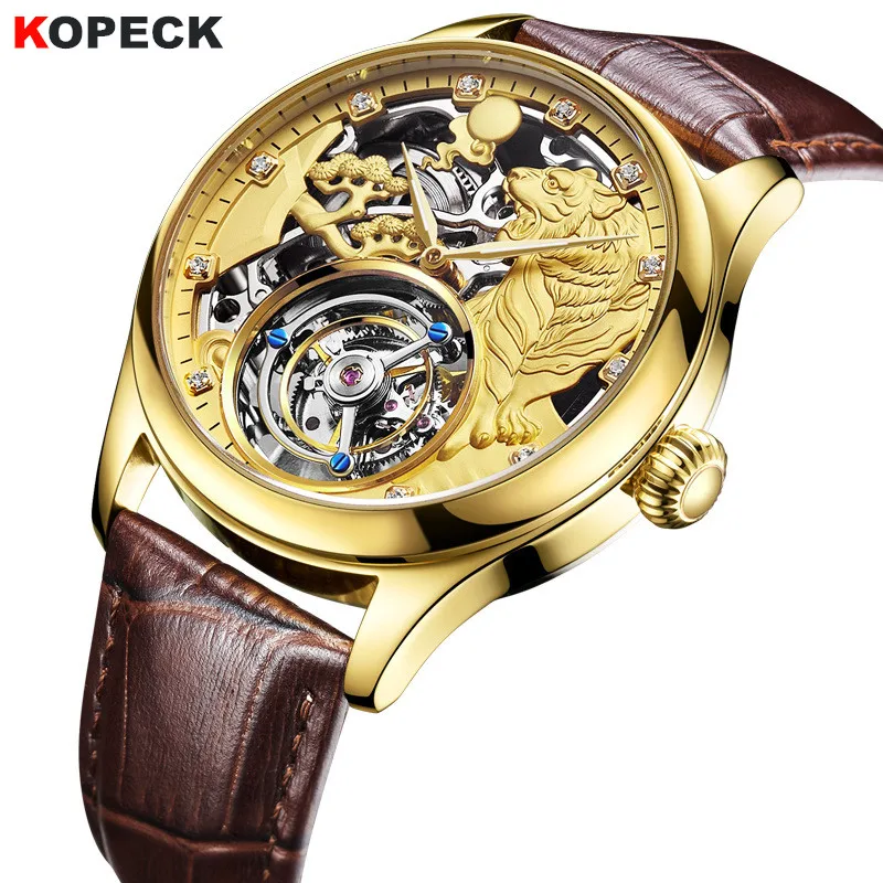 Настоящие Tourbillon, мужские часы,, Копейка, сапфир, тигр, скелет, циферблат, механический, ручная работа, ветер, кожа, мужские, Зодиак, наручные часы, 7016 г