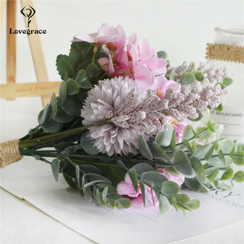 Artificial Silk Pompon Luckyball Flowers Bouquet Green Eucylaptus Flores Wedding Home Party DIY Decor Fake | Свадьбы и торжества