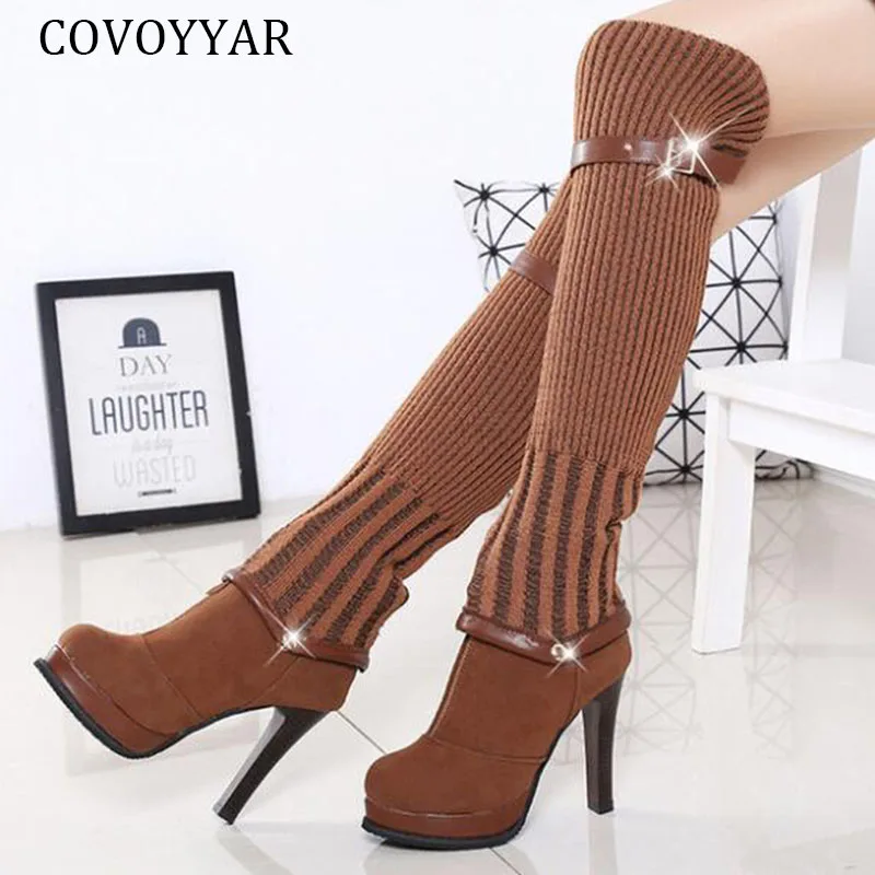 COVOYYAR 2021 Knitting Knee High Boots Fashion Long Thigh High Boots Women High Heels Autumn Winter Women Shoes Dual Use WBS2041