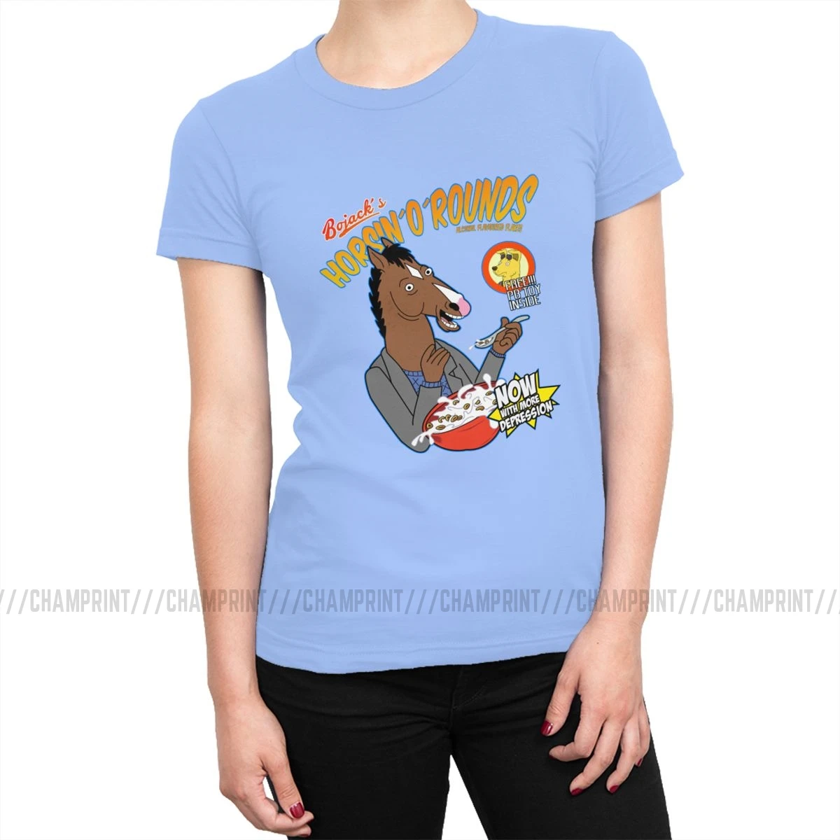 Женские футболки Bojack's cereal, Забавные футболки Bojack Horseman с рисунками из мультфильмов, модные хлопковые футболки, топ, базовая Женская одежда с графическим принтом - Цвет: Небесно-голубой