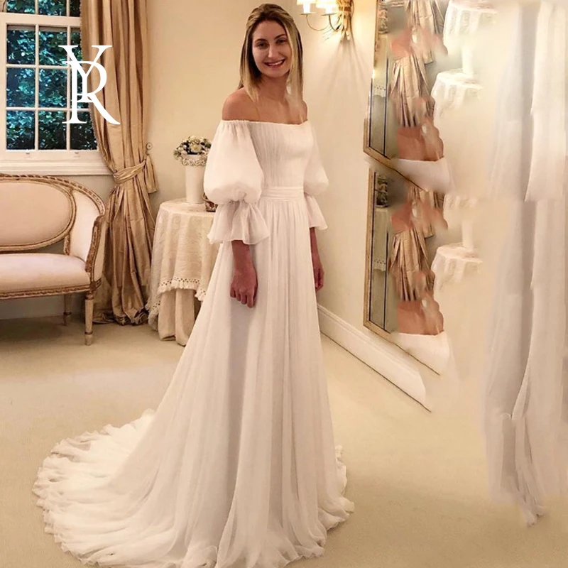 

Simplicity Wedding Dresses Chiffon With Train Boat Neck Flared Sleeves In Bride Wedding Zipper Custom Made Вялікі Памер