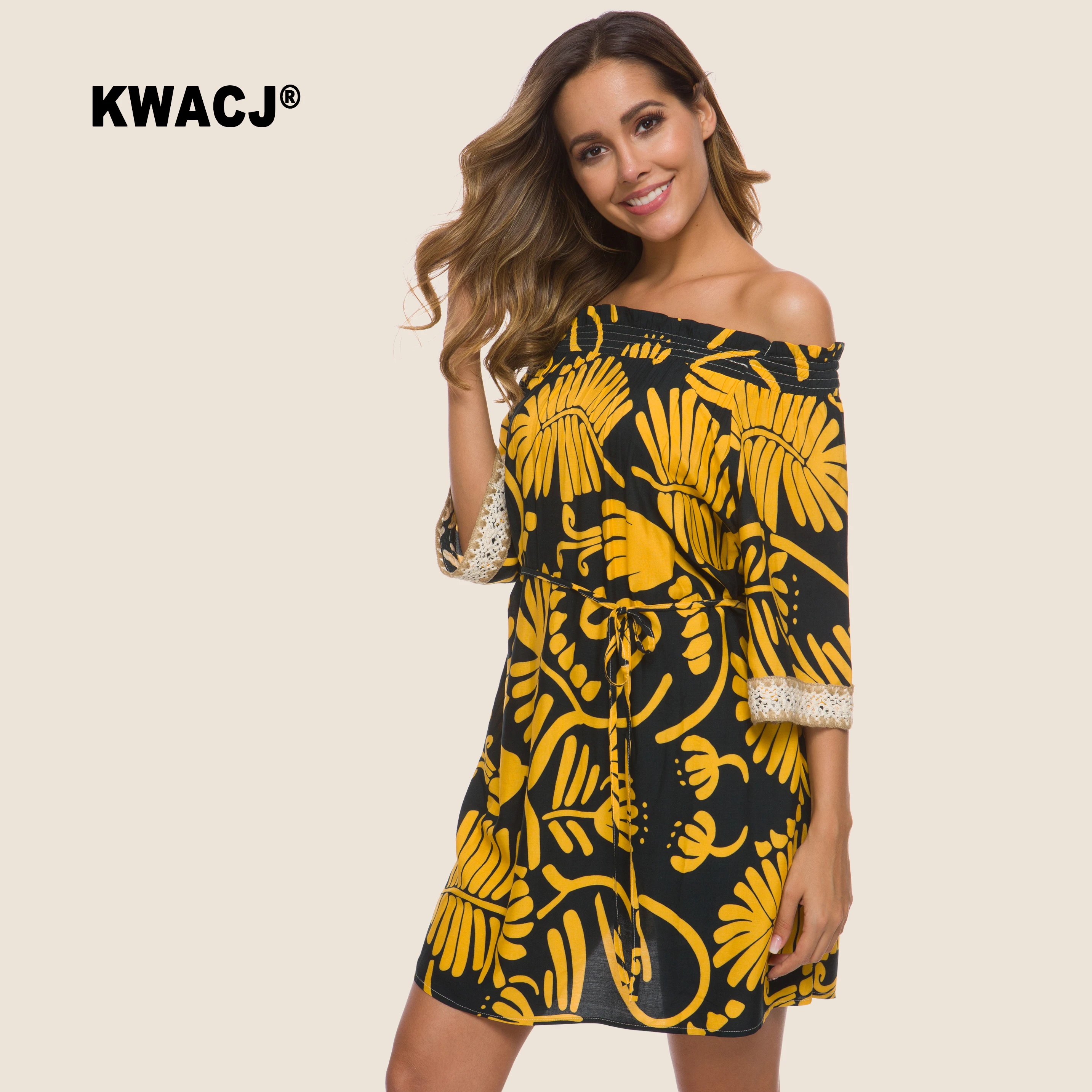 KWACJ Boho желтое платье с цветочным принтом и открытыми плечами женские летние