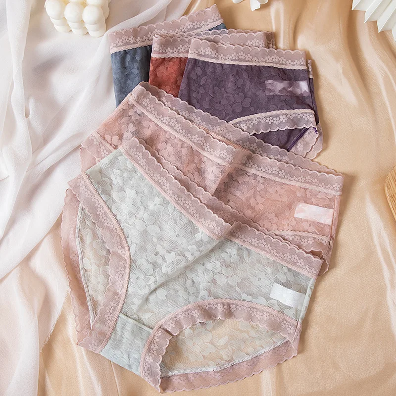 5PCS Women's Cotton Panties Breathable Sexy Lace Transparent Soft Girls Briefs Female Panty Seamless Underwear Low-Rise Lingerie