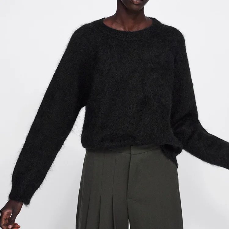 

Women's Autumn and Winter Two-color Round Neck Mohair Wool Casual Pullover Sweater