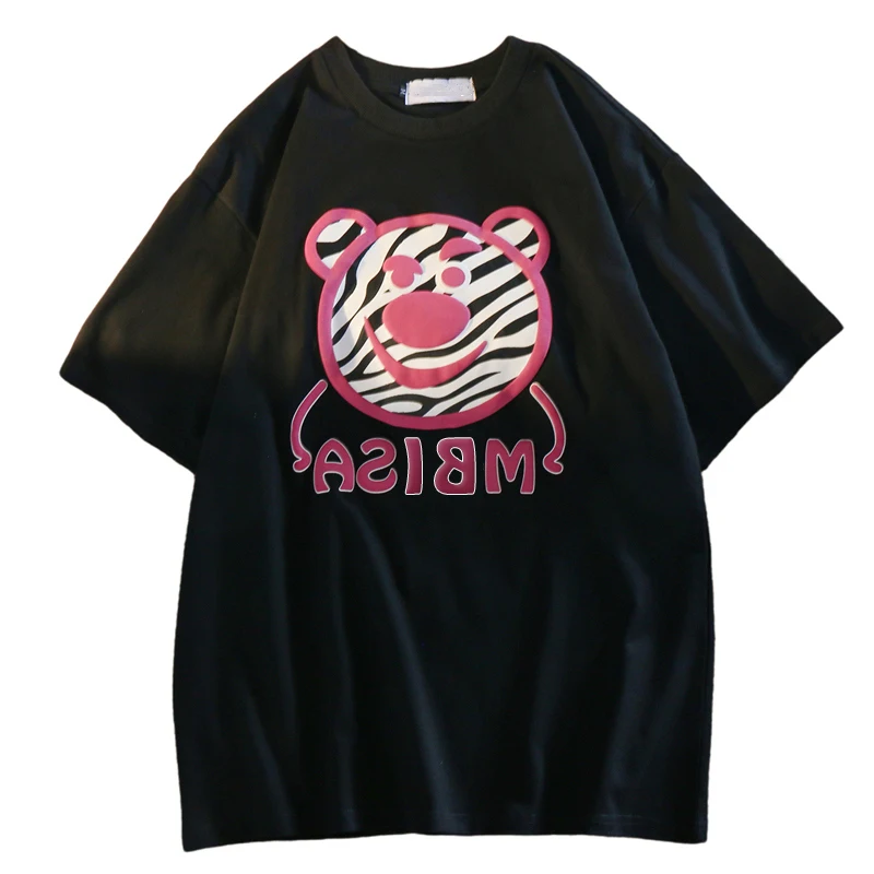 

Zebra Print Short Sleeve T-shirt Female 2021 Summer New Loose Korean Style Ins Top Hip Hop Cartoon Print Pink Black T Shirts