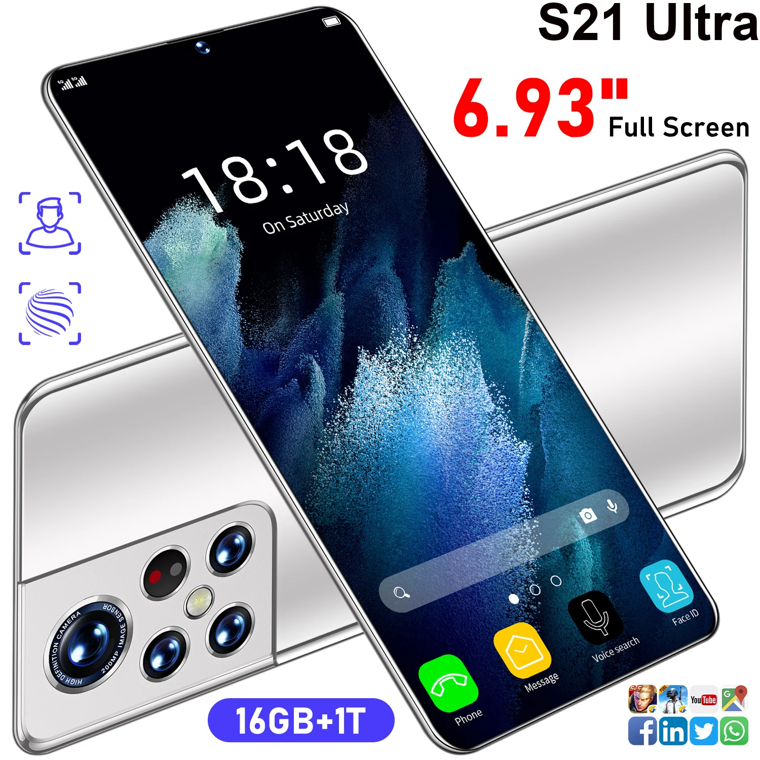 

S21 Ultra Global Version SmartPhone 16GB +1TB 6.93 HD Inch Celulares Android Mobile Phones Unlocked 6800mAh 5G Network CellPhone