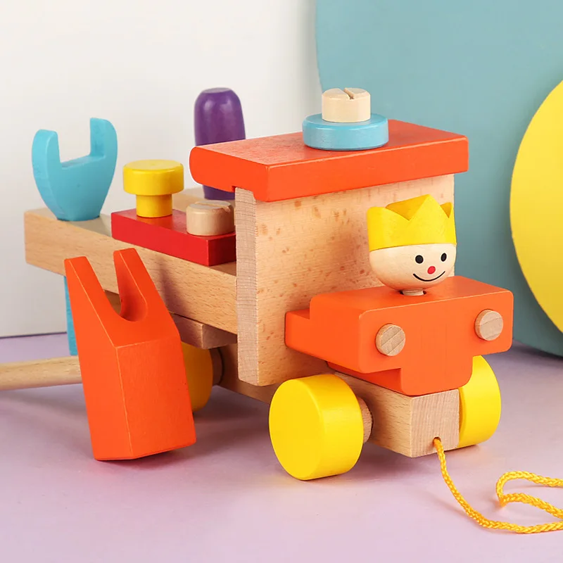 

Mupin Wood Children'S Wooden Early Education Colorful Screw Car Knocks The Pull Rope Tow Truck Engineering Car Nut Toy Car