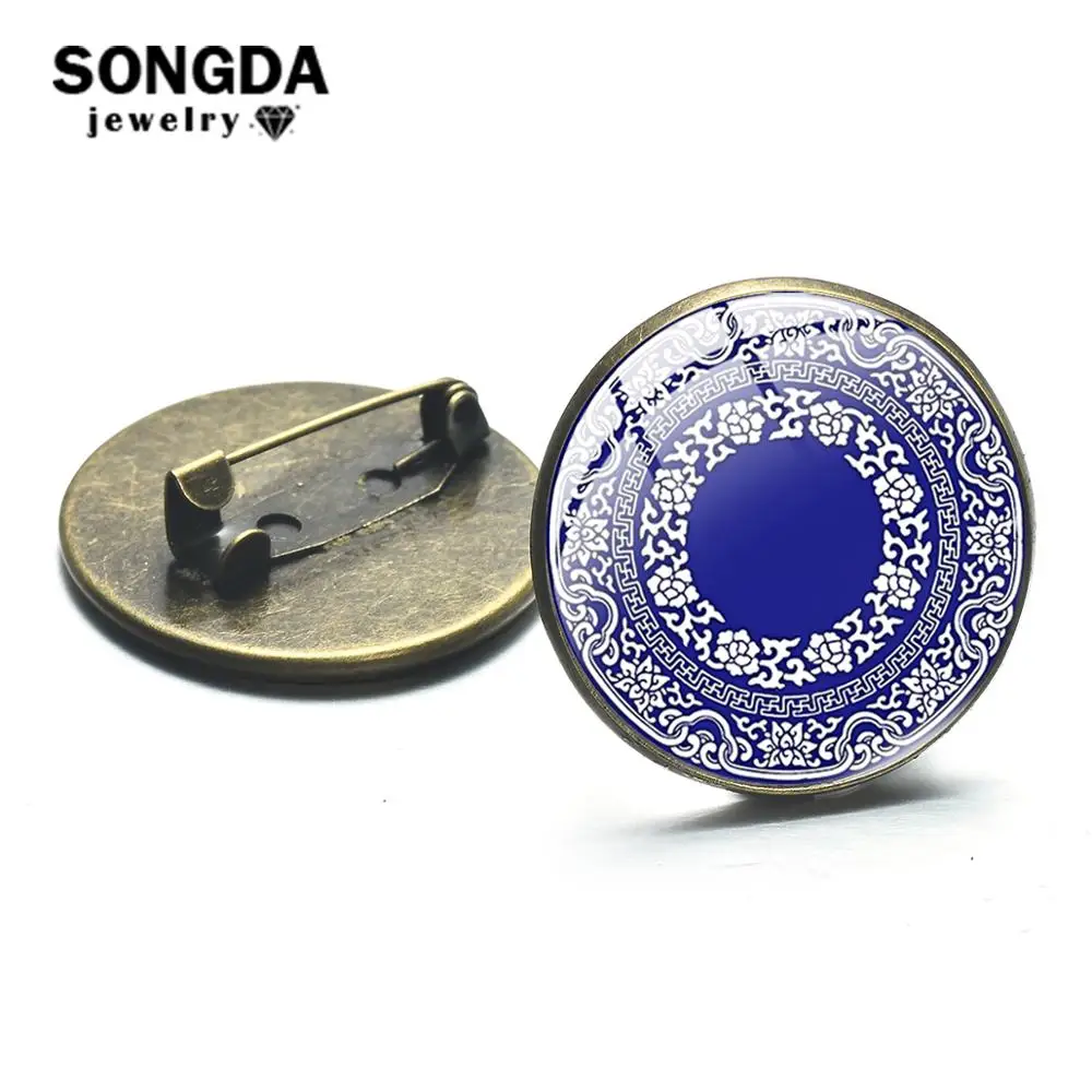 Стеклянные круглые броши SONGDA из синего и белого фарфора с цветочным узором