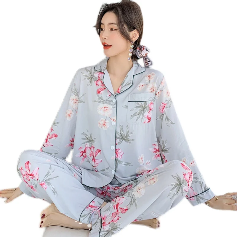 

Poppin Pajamas Women's Spring and Autumn Long Sleeve Thin Cardigan Artificial Home Wear Japanese Style Printing Cotton