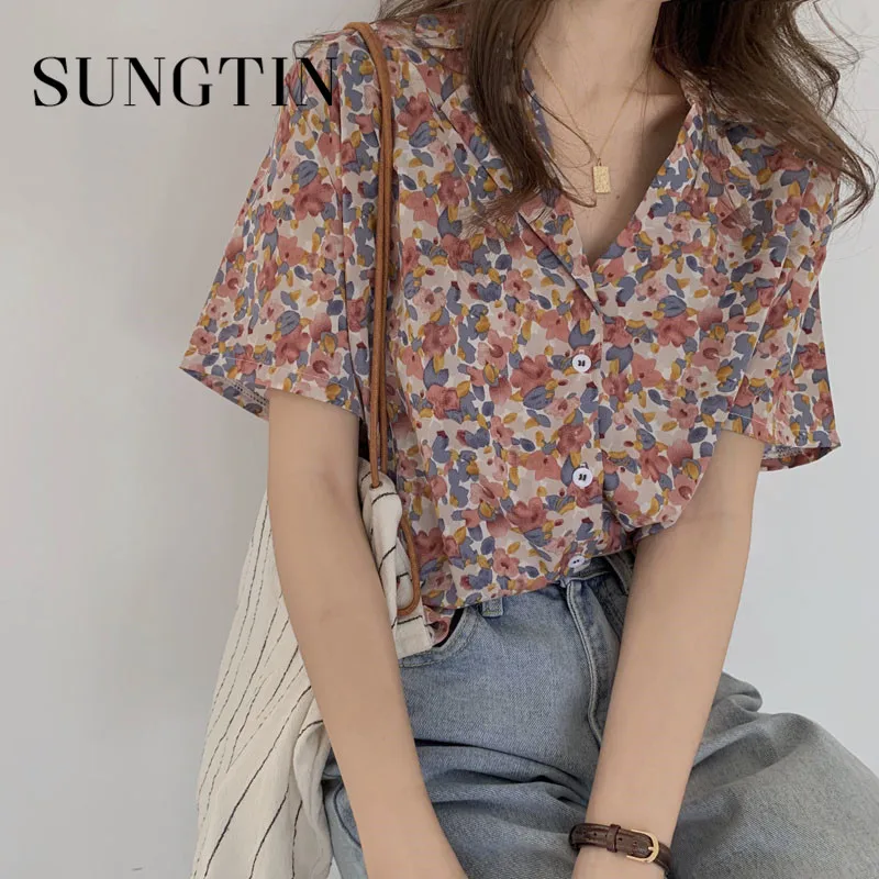 Женская шифоновая блузка Sungtin Тонкая с цветочным принтом винтажный шифоновый топ