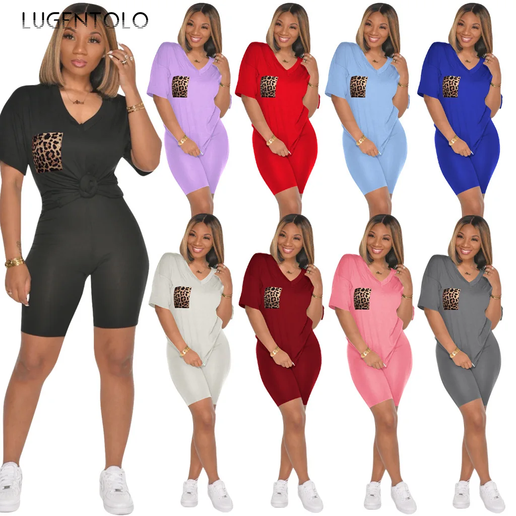 

Lugenotlo Women 2 Piece Set Women Spring Summer V-neck Sport Short Sleeve Top Leopard Pocket Casual Short Pants Lady Simple Sets