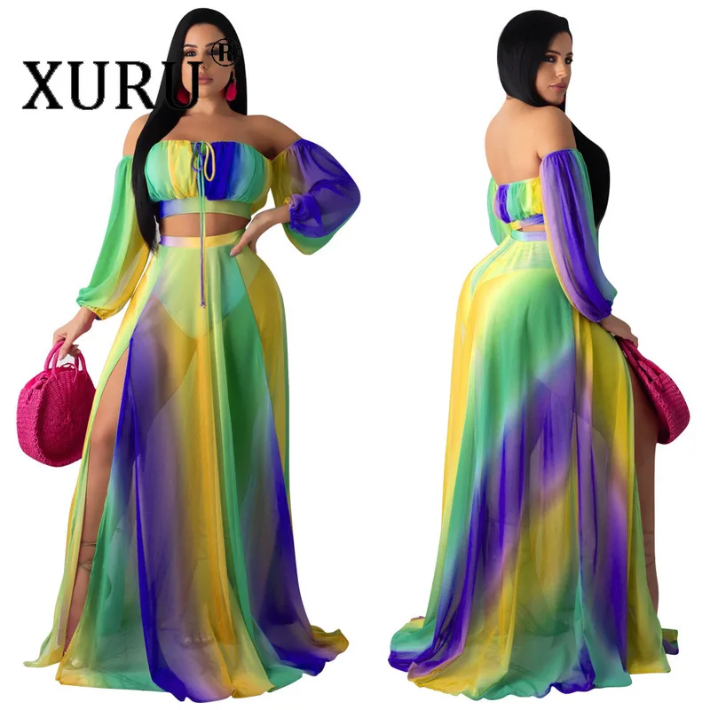 

XURU stretch mesh printing split sexy dress three-piece suit 2020 new chiffon dress suit