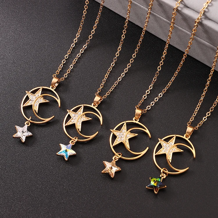 

Crystals From Swarovski Star & Moon Pendant Necklace For Women New Gold Chain Necklaces Collier Elegant Party Wedding Jewelry