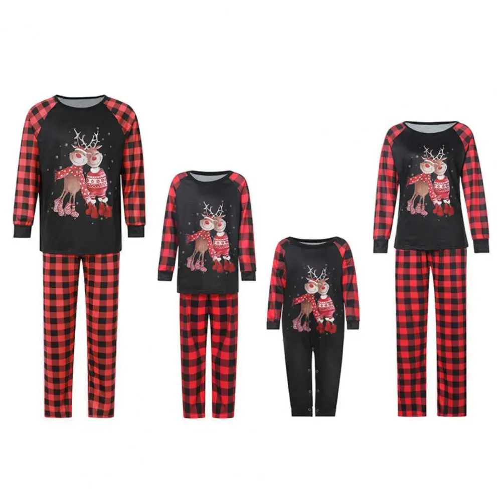 

1 Set Pajama Set Casual Cartoon Elks Plaid T-shirt Pants Sleepwear Christmas Pajamas Matching Sets Adult Kids Homewear