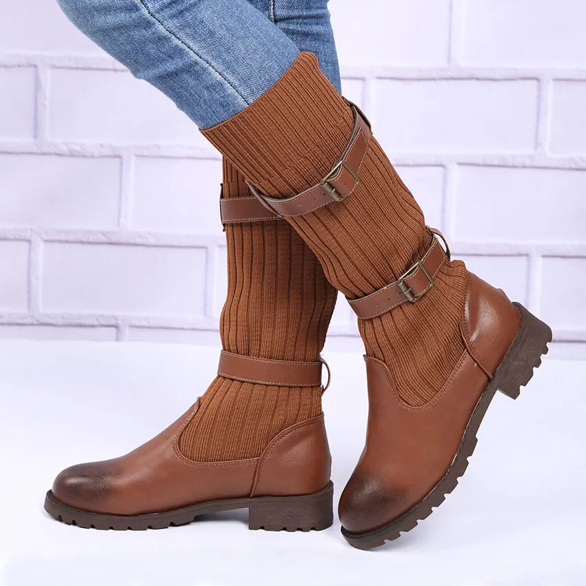 

Женские эластичные ботинки из искусственной кожи, вязаные ботинки до середины икры, женские ботинки на квадратном каблуке с пряжкой, Женская эластичная обувь коричневого цвета