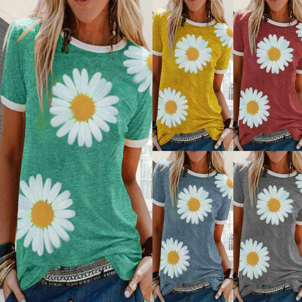 

New Women T-shirt Little Daisy Printing Short Sleeve Tshirts Harajuku Feminina O Neck Tee Shirts Summer Camisas Mujer Plus Size