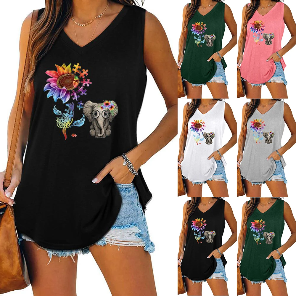 

Hot Fashion 2021 Summer Womens Elephant Print Tops Casual Vintag V-neck Dovetail Sleeveless Commute Leisure Y2k WomenTank Tops