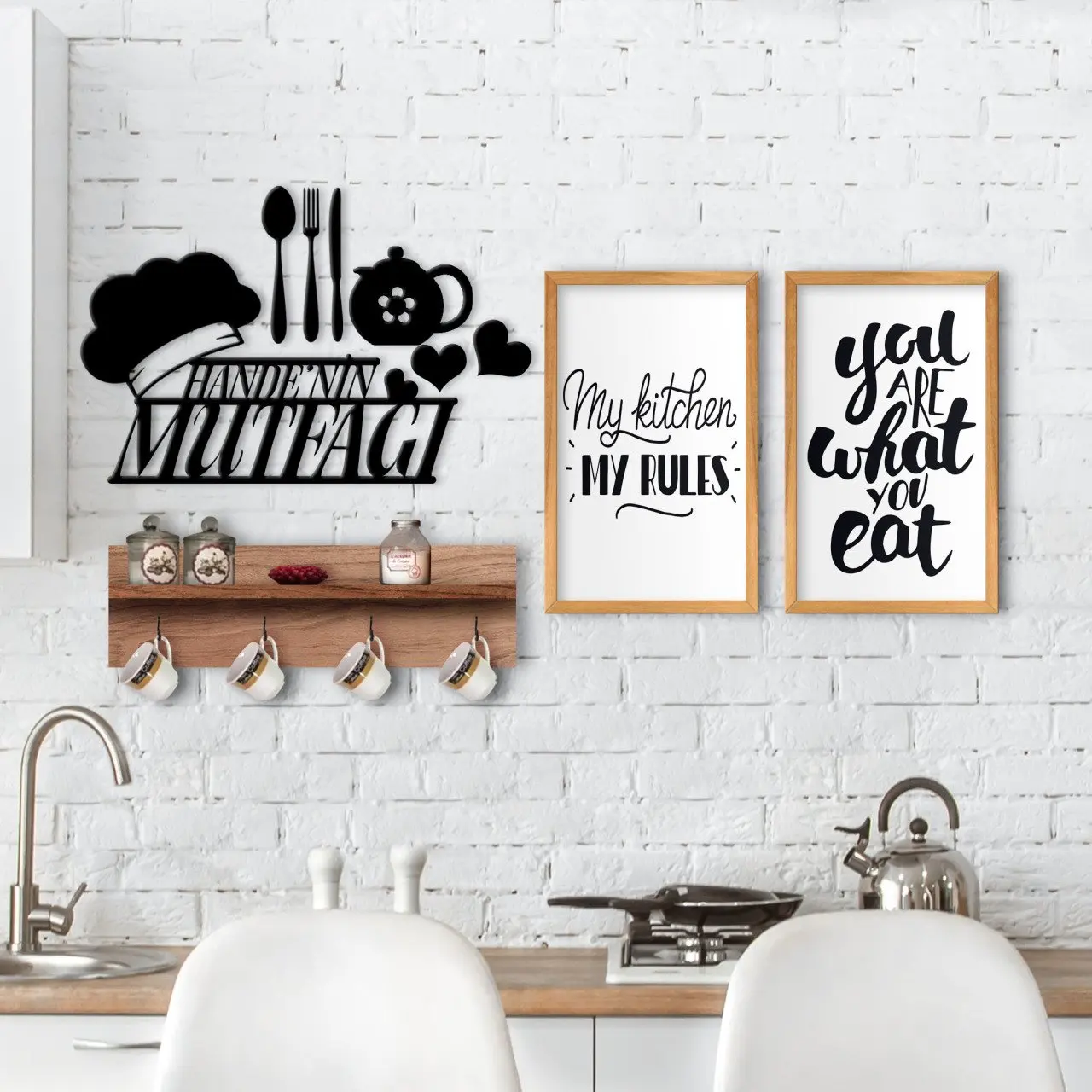 

BK Home Natural Wood Shelves Decorative Cup Hanger For Kitchen Konseptli 2'li Wood Table and İsme Custom Wall Süsü-8