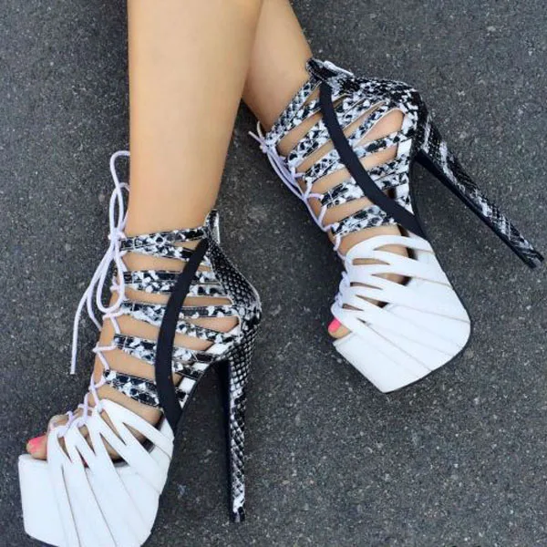 Murah Seksi Tinggi Platform Kulit Ular Tali Sandal Wanita Front Renda Patchwork Sandal Super Heels Gladiator Sepatu Hak Tinggi