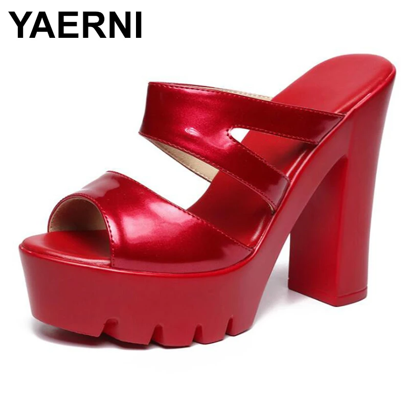 

YAERNI New 2020 Platform Women High Heels Peep Toe Slingback Lady Slippers Patent Leather Mules Women Pumps Sandals