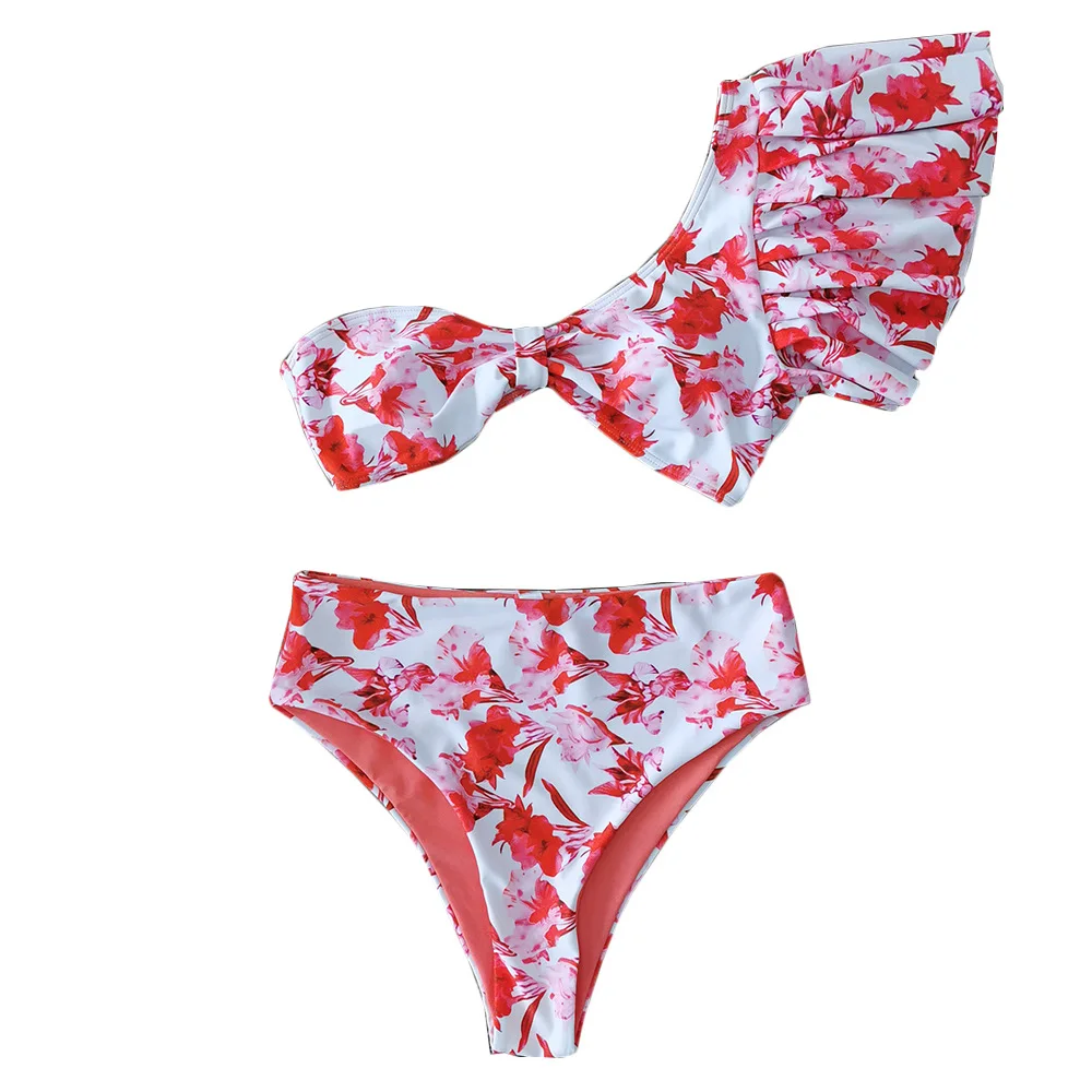 

One-shoulder Lotus Leaf Edge Shredded Print Bikini Color Swimwear Bikini Bikini Bikini2021
