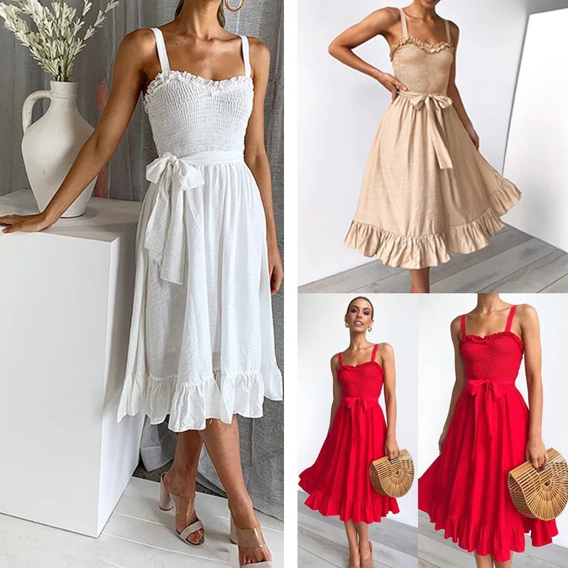 

2020 Summer Women Dresses Sexy Dress Ladies High Waist Solid Dresses Spaghetti Strap Ruffles Dresses Female Party Dress Vestidos