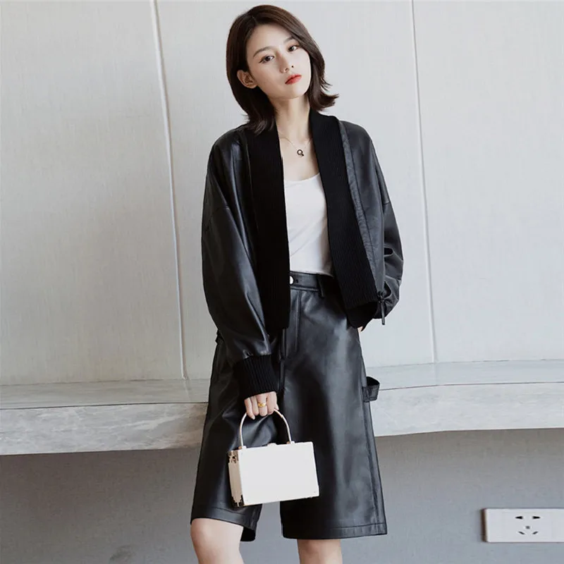 

Вязаное пальто из натуральной кожи с воротником-шарфом, куртки из 100% натуральной овечьей кожи, матовая текстурная верхняя одежда, модная ос...