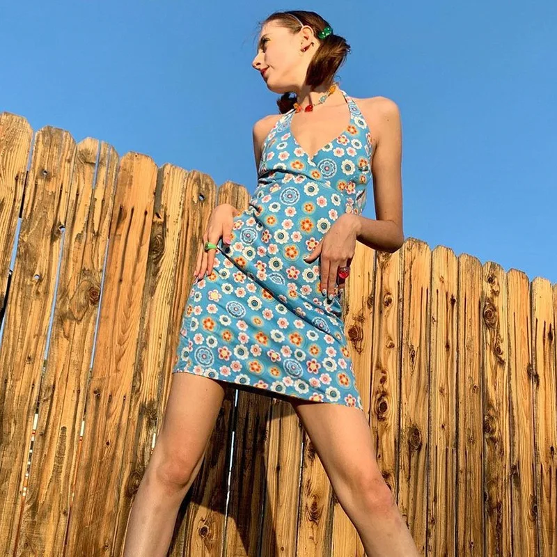 

Vintage Y2K Sexy Backless Blue Halter Dresses Kawaii Streetwear Deep V Nech Floral Print Bodycon Mini Dress Cute Holiday Outfits
