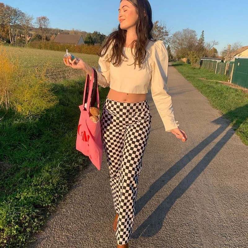 

Women's Straight Leg PantsTrendy Checkerboard Print High Waist Full Length Lounge Pants