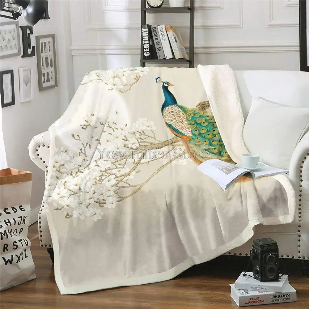 

Chinese Style Sherpa Blanket Couch Sofa Chair Bed White Flowers Branch Flannel Throw Double Peacocks Bird Blanket Size