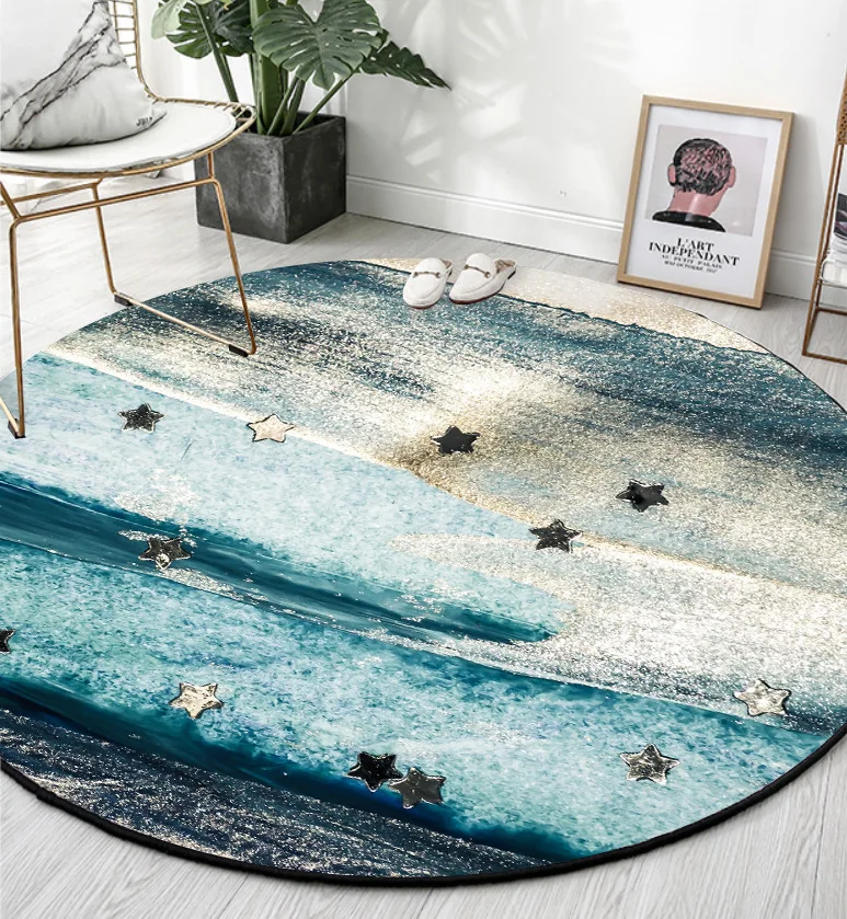

Art watercolor blue green abstract heavy metal round living room bedroom non-slip mat carpet custom